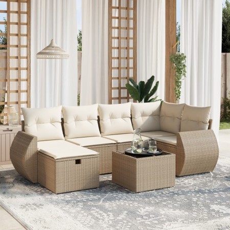 Set sofás de jardín 7 piezas y cojines ratán sintético beige en Conjuntos de jardín | Comprar online en Foru.es