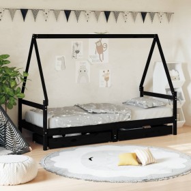 Estructura cama infantil y cajones madera pino negro 90x190 cm de , Cunas y camas para niños - Ref: Foro24-834479, Precio: 16...