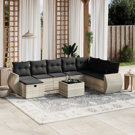 Set muebles jardín 9 pzas y cojines ratán sintético gris claro en Conjuntos de jardín | Comprar online en Foru.es