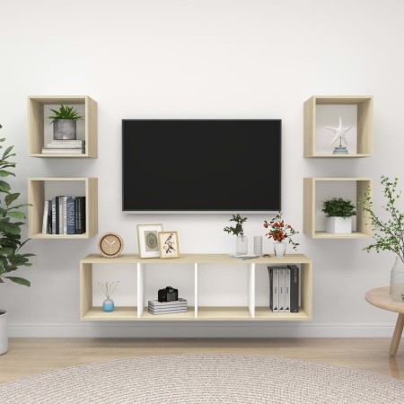 Muebles de salón 5 pzas madera ingeniería blanco y roble Sonoma de , Muebles TV - Ref: Foro24-3079624, Precio: 156,04 €, Desc...