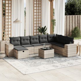 Set muebles jardín 9 pzas y cojines ratán sintético gris claro en Conjuntos de jardín | Comprar online en Foru.es