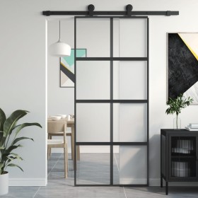 Puerta corredera vidrio templado y aluminio negra 90x205 cm de , Puertas para el hogar - Ref: Foro24-155223, Precio: 199,77 €...