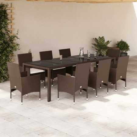 Set comedor jardín 9 pzas cojines ratán sintético vidrio marrón de , Conjuntos de jardín - Ref: Foro24-3278589, Precio: 731,4...