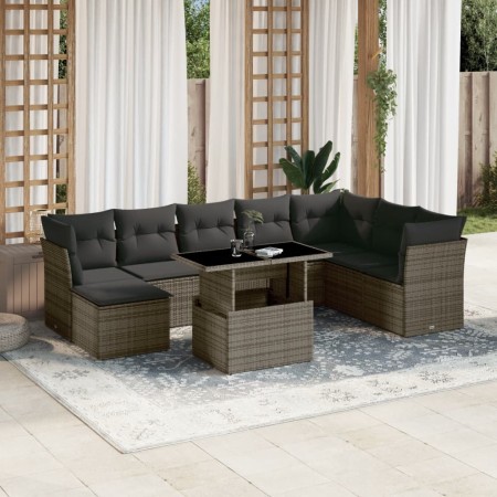 Set de muebles de jardín 9 pzas y cojines ratán sintético gris en Conjuntos de jardín | Comprar online en Foru.es