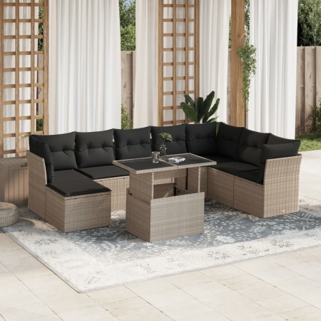 Set muebles jardín 9 pzas y cojines ratán sintético gris claro en Conjuntos de jardín | Comprar online en Foru.es