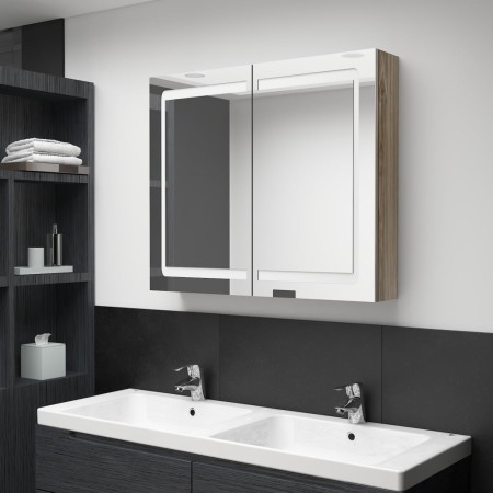 Armario de baño con espejo y LED color roble 80x12x68 cm de vidaXL, Tocadores de baño - Ref: Foro24-326515, Precio: 180,50 €,...