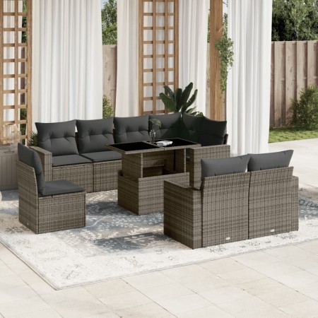 Set de muebles de jardín 9 pzas y cojines ratán sintético gris en Conjuntos de jardín | Comprar online en Foru.es