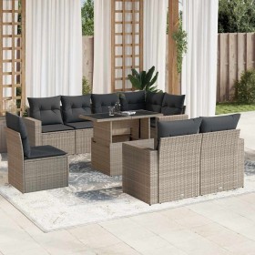 Set muebles jardín 9 pzas y cojines ratán sintético gris claro en Conjuntos de jardín | Comprar online en Foru.es