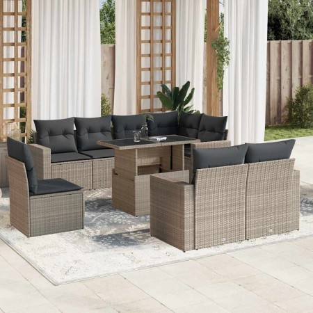 Set muebles jardín 9 pzas y cojines ratán sintético gris claro en Conjuntos de jardín | Comprar online en Foru.es