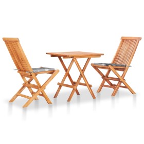 Set de bistró 3 piezas madera de teca y cojines a cuadros gris de , Conjuntos de jardín - Ref: Foro24-3063239, Precio: 188,16...