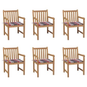Sillas de jardín 6 uds madera maciza teca cojines cuadros rojos de , Sillas de jardín - Ref: Foro24-3073044, Precio: 868,63 €...