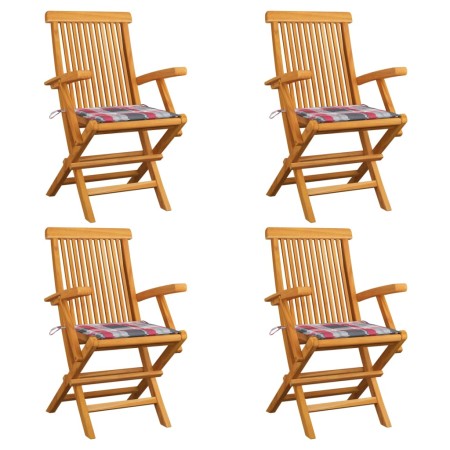 Sillas de jardín 4 uds madera teca con cojines a cuadros rojos de , Sillas de jardín - Ref: Foro24-3065630, Precio: 378,06 €,...
