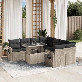Set muebles jardín 9 pzas y cojines ratán sintético gris claro en Conjuntos de jardín | Comprar online en Foru.es
