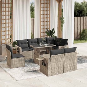Set muebles jardín 9 pzas y cojines ratán sintético gris claro en Conjuntos de jardín | Comprar online en Foru.es