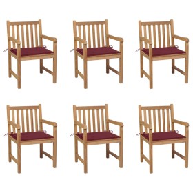 Sillas de jardín 6 uds madera maciza de teca cojines rojo tinto de , Sillas de jardín - Ref: Foro24-3073040, Precio: 863,56 €...