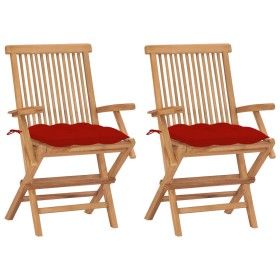 Sillas de jardín 2 uds madera maciza de teca con cojines rojos de , Sillas de jardín - Ref: Foro24-3062508, Precio: 185,05 €,...