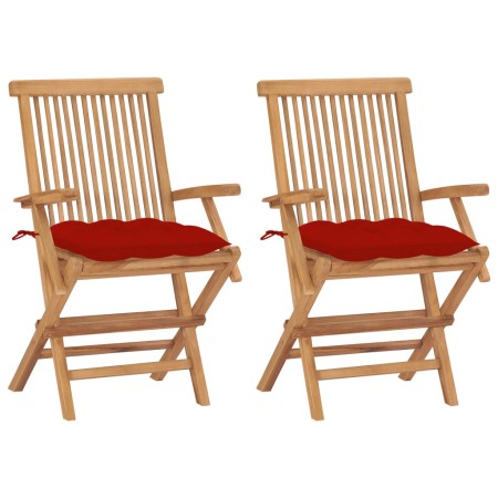 Sillas de jardín 2 uds madera maciza de teca con cojines rojos de , Sillas de jardín - Ref: Foro24-3062508, Precio: 185,05 €,...