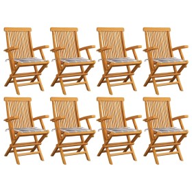 Sillas de jardín 8 uds madera teca con cojines a cuadros grises de , Sillas de jardín - Ref: Foro24-3072903, Precio: 654,34 €...