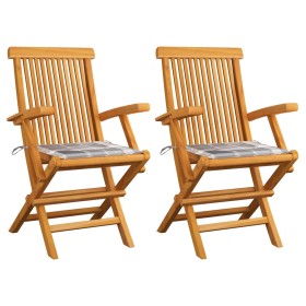 Sillas de jardín 2 uds madera teca con cojines a cuadros grises de , Sillas de jardín - Ref: Foro24-3062501, Precio: 190,88 €...