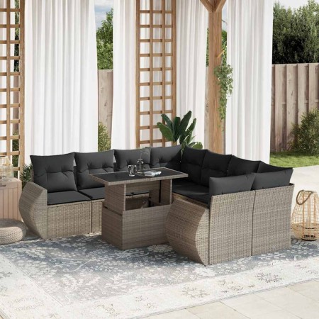 Set muebles jardín 9 pzas y cojines ratán sintético gris claro en Conjuntos de jardín | Comprar online en Foru.es
