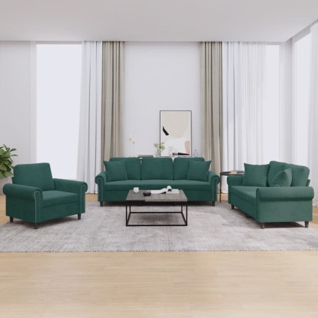 Juego de sofás con cojines 3 piezas terciopelo verde oscuro de , Sofás - Ref: Foro24-3202192, Precio: 811,26 €, Descuento: %