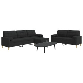 Juego de sofá 3 piezas con reposapiés y cojines tela negro de , Sofás - Ref: Foro24-3278347, Precio: 583,16 €, Descuento: %