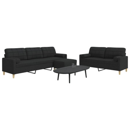 Juego de sofá 3 piezas con reposapiés y cojines tela negro de , Sofás - Ref: Foro24-3278347, Precio: 583,16 €, Descuento: %