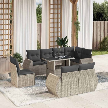 Set muebles jardín 9 pzas y cojines ratán sintético gris claro en Conjuntos de jardín | Comprar online en Foru.es