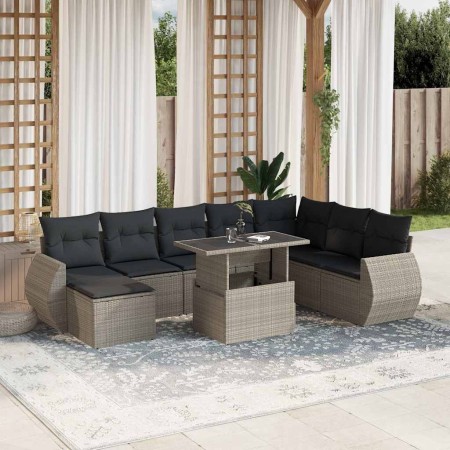 Set muebles jardín 9 pzas y cojines ratán sintético gris claro en Conjuntos de jardín | Comprar online en Foru.es