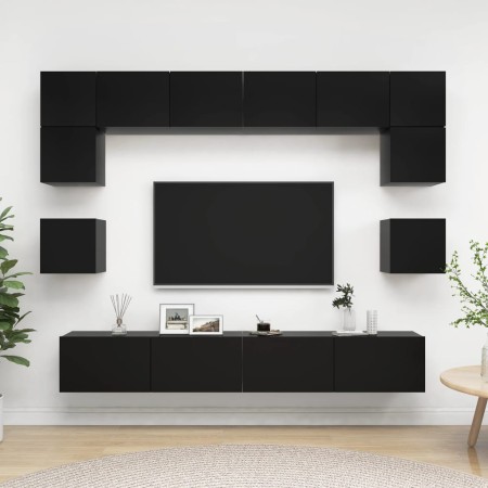 Set de muebles de salón TV 8 piezas madera ingeniería negro de , Muebles TV - Ref: Foro24-3078797, Precio: 335,41 €, Descuent...