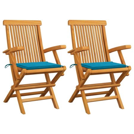 Sillas de jardín 2 uds madera maciza de teca con cojines azules de , Sillas de jardín - Ref: Foro24-3062491, Precio: 189,70 €...