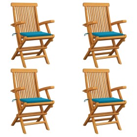 Sillas de jardín 4 uds madera maciza de teca con cojines azules de , Sillas de jardín - Ref: Foro24-3065621, Precio: 376,54 €...