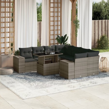 Set de muebles de jardín 9 pzas y cojines ratán sintético gris en Conjuntos de jardín | Comprar online en Foru.es