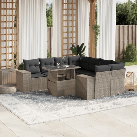 Set muebles jardín 9 pzas y cojines ratán sintético gris claro en Conjuntos de jardín | Comprar online en Foru.es