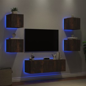 Muebles de TV de pared con luces LED 5 piezas roble ahumado de , Muebles TV - Ref: Foro24-3216864, Precio: 163,05 €, Descuent...