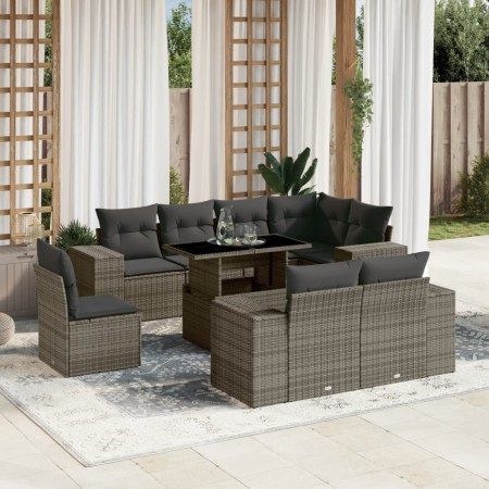 Set de muebles de jardín 9 pzas y cojines ratán sintético gris en Conjuntos de jardín | Comprar online en Foru.es