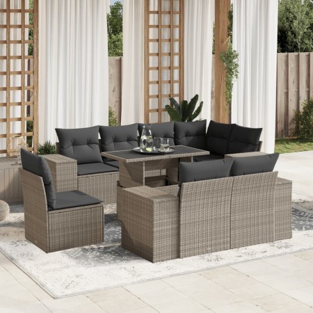 Set muebles jardín 9 pzas y cojines ratán sintético gris claro en Conjuntos de jardín | Comprar online en Foru.es