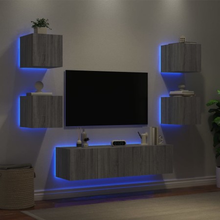 Muebles TV pared con LED 6 pzas madera ingeniería gris Sonoma de , Muebles TV - Ref: Foro24-3216858, Precio: 194,14 €, Descue...