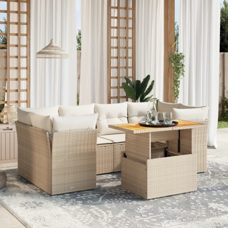 Set sofás de jardín 7 piezas y cojines ratán sintético beige en Conjuntos de jardín | Comprar online en Foru.es