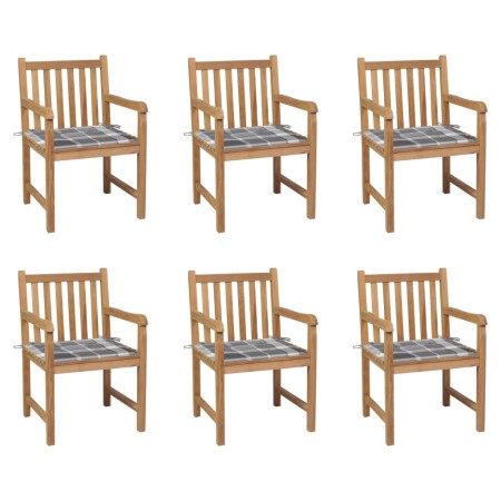 Sillas de jardín 6 uds madera maciza teca cojines cuadros gris de , Sillas de jardín - Ref: Foro24-3073045, Precio: 869,68 €,...