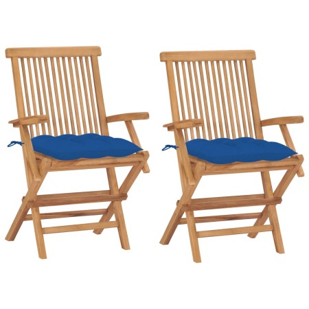 Sillas de jardín 2 uds madera maciza de teca con cojines azules de , Sillas de jardín - Ref: Foro24-3062512, Precio: 202,08 €...