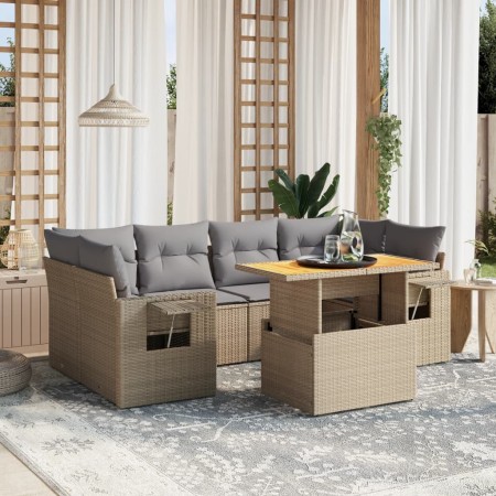 Set sofás de jardín 7 piezas y cojines ratán sintético beige en Conjuntos de jardín | Comprar online en Foru.es