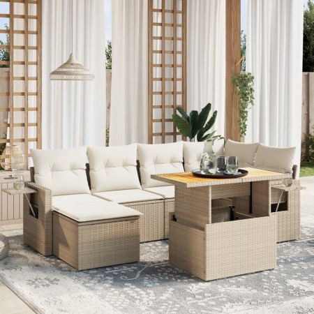 Set sofás de jardín 7 piezas y cojines ratán sintético beige en Conjuntos de jardín | Comprar online en Foru.es