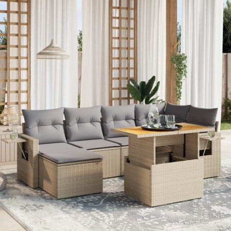 Set sofás de jardín 7 piezas y cojines ratán sintético beige en Conjuntos de jardín | Comprar online en Foru.es