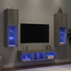 Muebles TV pared con LED 5 pzas madera ingeniería gris Sonoma de , Muebles TV - Ref: Foro24-3216609, Precio: 176,36 €, Descue...