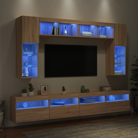 Muebles de TV de pared con luces LED 8 piezas roble sonoma de , Muebles TV - Ref: Foro24-3216766, Precio: 330,00 €, Descuento: %