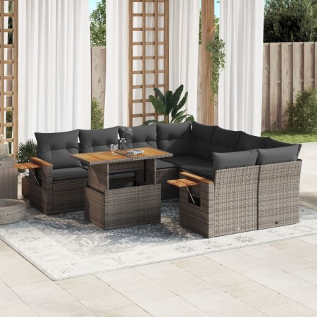 Set de muebles de jardín 9 pzas y cojines ratán sintético gris en Conjuntos de jardín | Comprar online en Foru.es