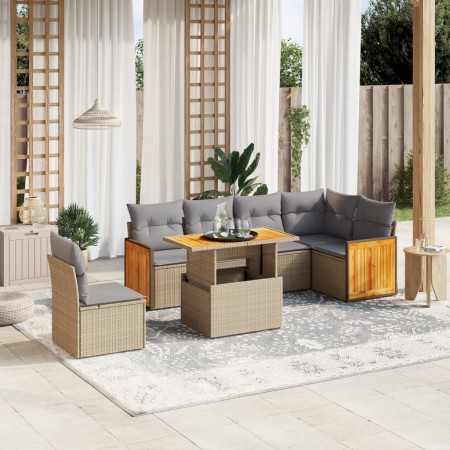 Set sofás de jardín 7 piezas y cojines ratán sintético beige en Conjuntos de jardín | Comprar online en Foru.es