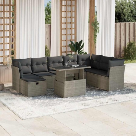 Set muebles jardín 9 pzas y cojines ratán sintético gris claro en Conjuntos de jardín | Comprar online en Foru.es