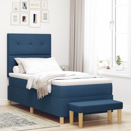 Cama Box Spring con Colchón y Banco Azul 100x200 cm Tela de , Camas y somieres - Ref: Foro24-3344281, Precio: 379,20 €, Descu...